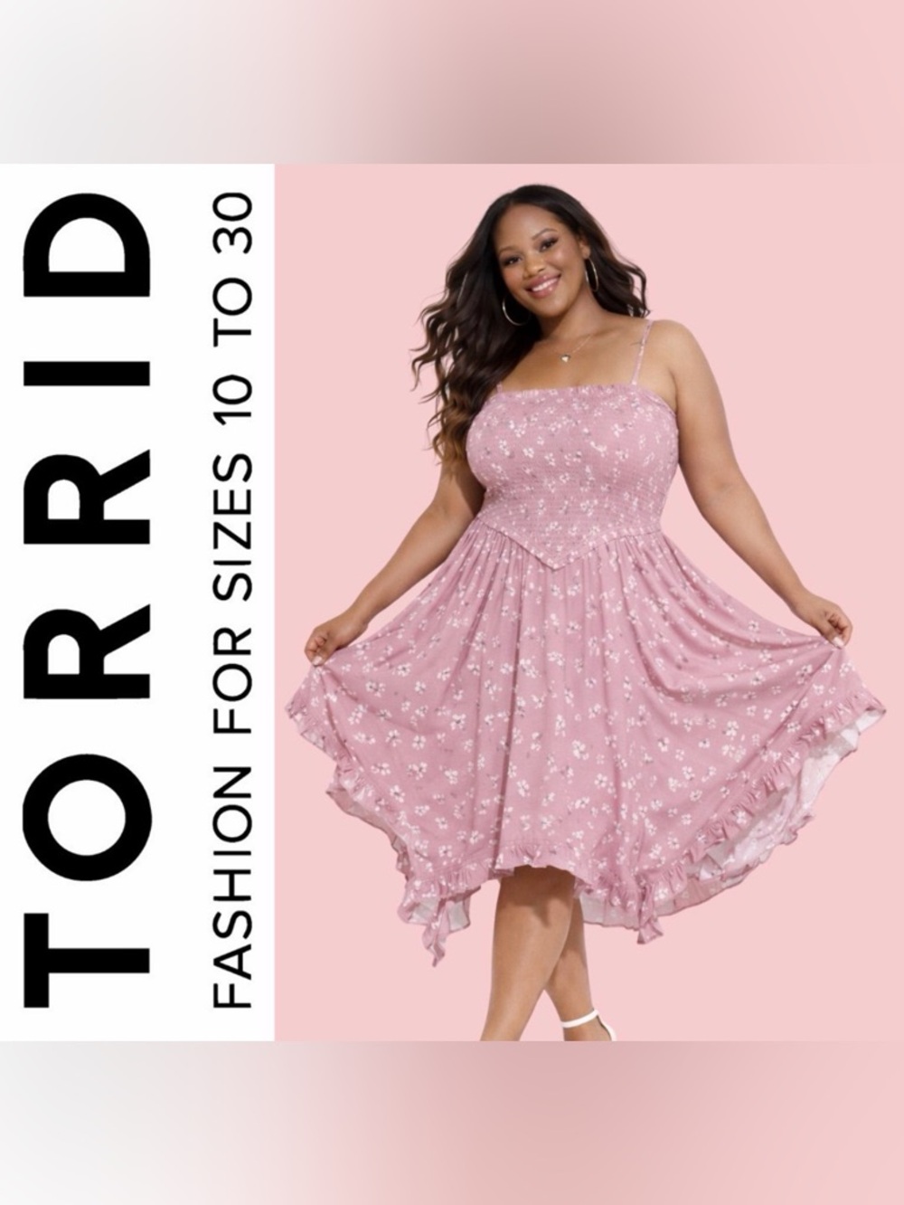 Torrid Pink Floral 90s LoveSick Smocked Hanky Hem Midi Dress, Large, NWT!